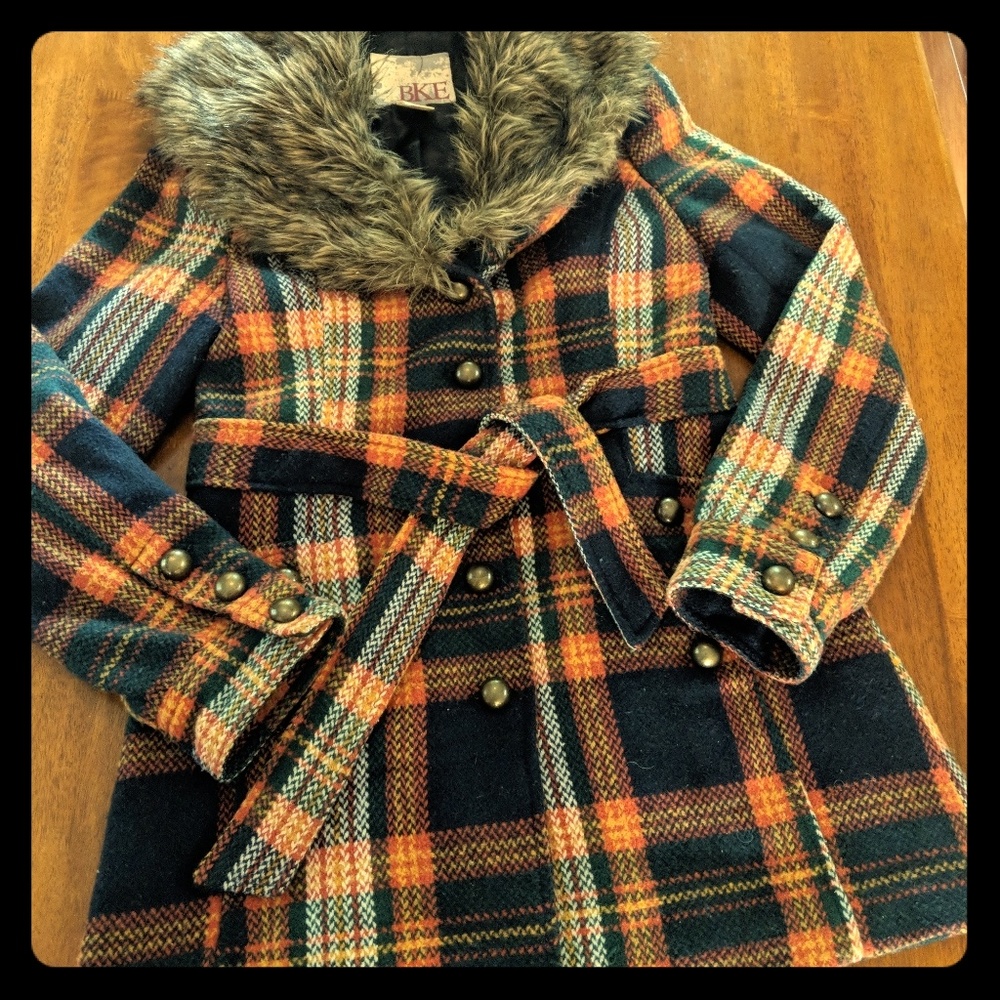 BKE Buckle Plaid Coat with Fur Trim